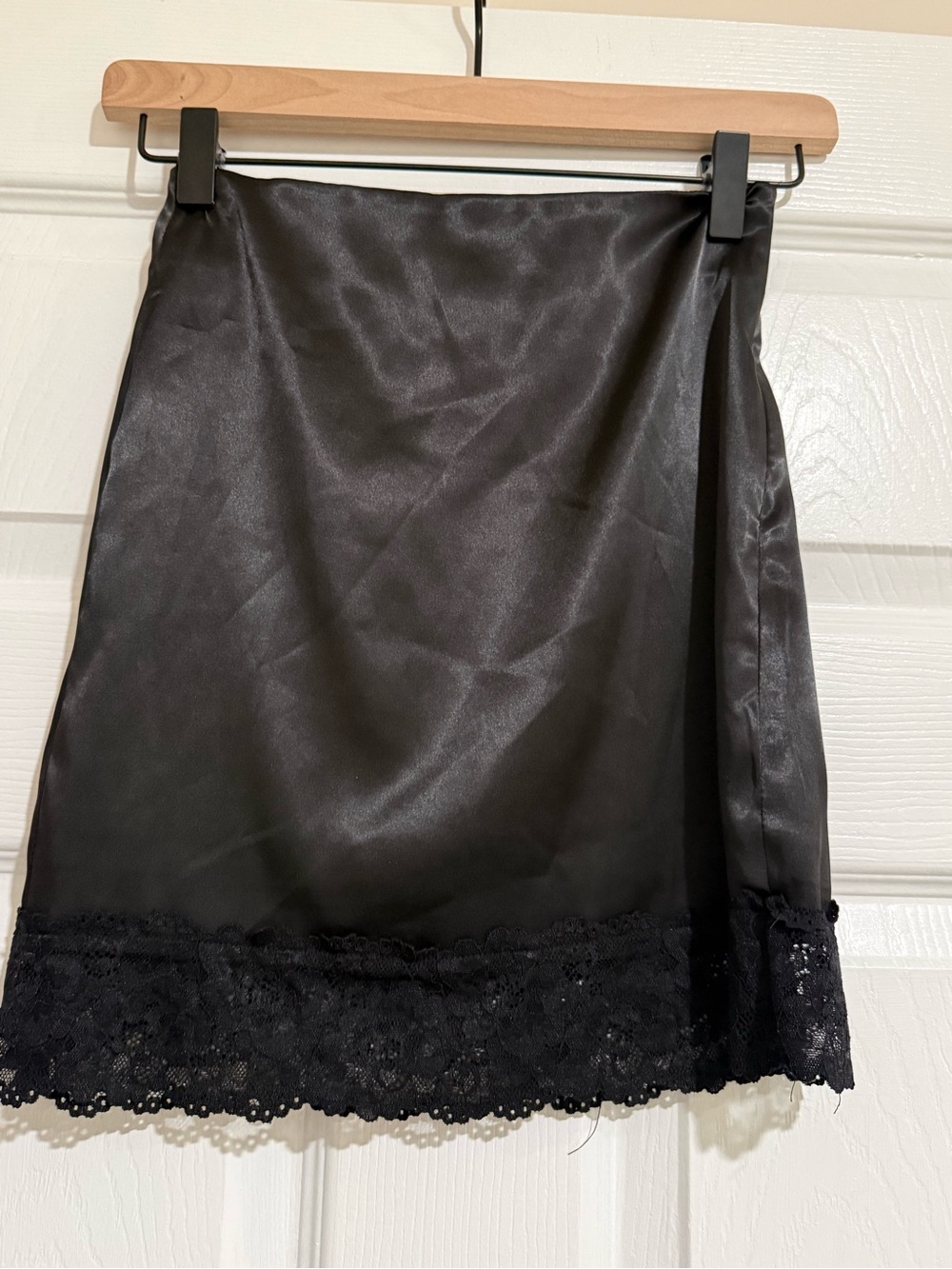 Princess Polly Black Satin Mini Skirt with Lace Trim